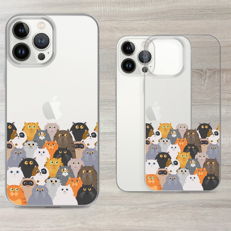 May include: A clear phone case featuring a colourful design of cats. The case has a white background and showcases a variety of cats in different colours and patterns. The case is designed to fit a smartphone.