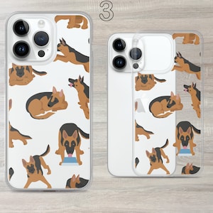 May include: A clear phone case with a white background and a repeating pattern of brown and black German Shepherd dogs in various poses. The case has a raised lip around the edges to protect the screen.