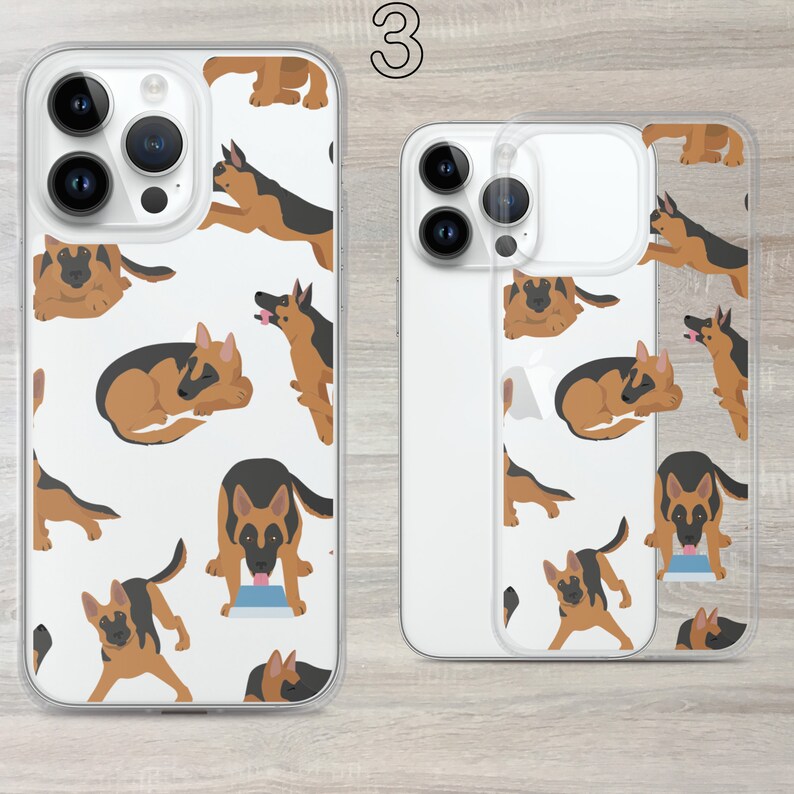 May include: A clear phone case with a white background and a repeating pattern of brown and black German Shepherd dogs in various poses. The case has a raised lip around the edges to protect the screen.