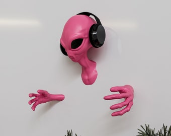 Pink Alien Headphone Stand, Wall Mount Gaming Decor
