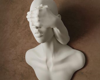 3D Man Emerging From Wall Sculpture, Surrealist Stone Art, See No Evil Hands Covering Eyes Statue, Dark Academia Office Decor Gift For Him