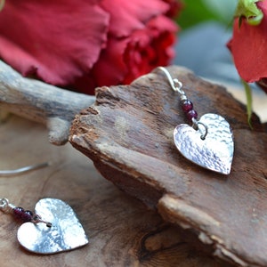Handmade Sterling Silver Domed Textured Heart Drop Earrings with Garnet Beads