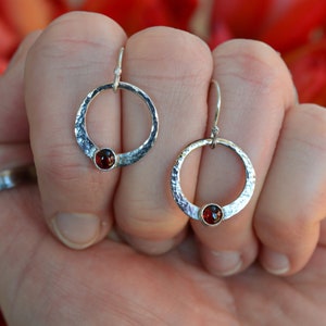 Handmade Sterling Silver Textured Circle Drop Earrings with Garnet Gemstones