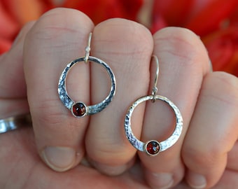 Handmade Sterling Silver Textured Circle Drop Earrings with Garnet Gemstones