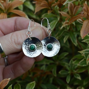 Handmade Sterling Silver Domed Textured Earrings with Malachite Gemstone