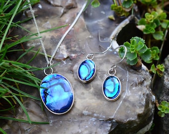 Handmade Sterling Silver Blue Paua Shell (Abalone) Earring & Necklace Pendant Set