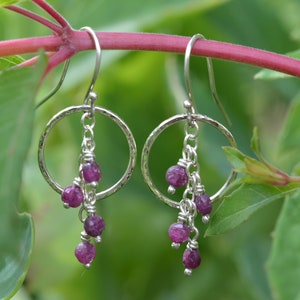 Handmade Sterling Silver Drop Circle Earrings with Silver Chain & Natural Ruby Faceted Coin Beads
