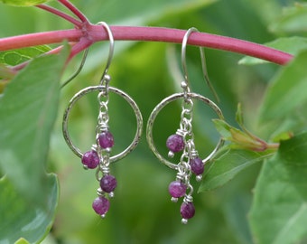 Handmade Sterling Silver Drop Circle Earrings with Silver Chain & Natural Ruby Faceted Coin Beads