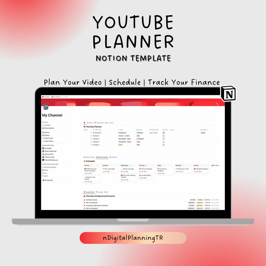 Notion template youtube planner content planner for business etsy