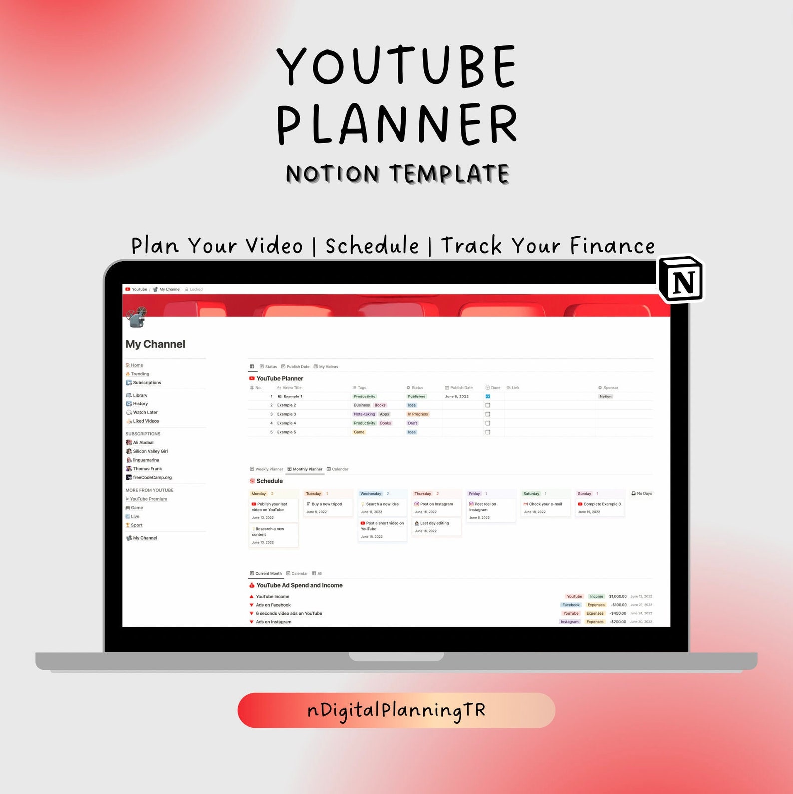 Notion Template Youtube Planner Content Planner for Business Etsy