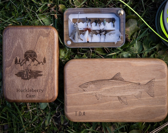 Engraved Fly Fishing Box, Easter Gift, Personalized Hand Made, Walnut