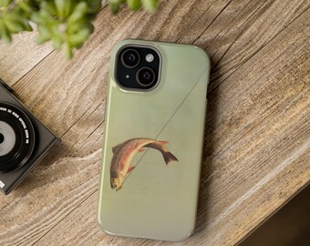 May include: A green phone case with a brown trout jumping out of the water. The phone case has a white line running diagonally across it.
