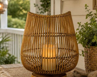 Vintage Handcrafted Coastal Bamboo Lantern Candle Holder, Boho Rattan Woven Tabletop Hurricane Lantern, Rustic Openwork Decor