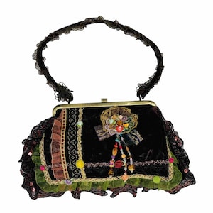 Ziba Boho bolso terciopelo chic encaje lentejuelas bolso marrón victoriano VTG borla floral kitsch raro embellecido