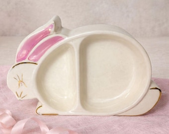 Plato vintage con forma de conejito, cuenco para mascotas con forma de conejo, plato decorativo de Pascua, comedero para animales de estilo cottagecore, plato dividido para mascotas, plato antropomórfico con forma de conejito