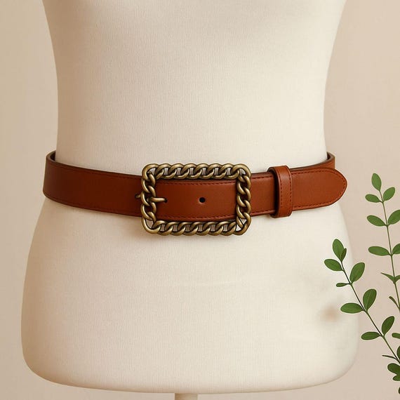 Vintage Brown Leather Belt with Unique Chain-Link Buckle Vintage Brown Leather Belt with Unique Chain-Link Buckle | eBay main image 2