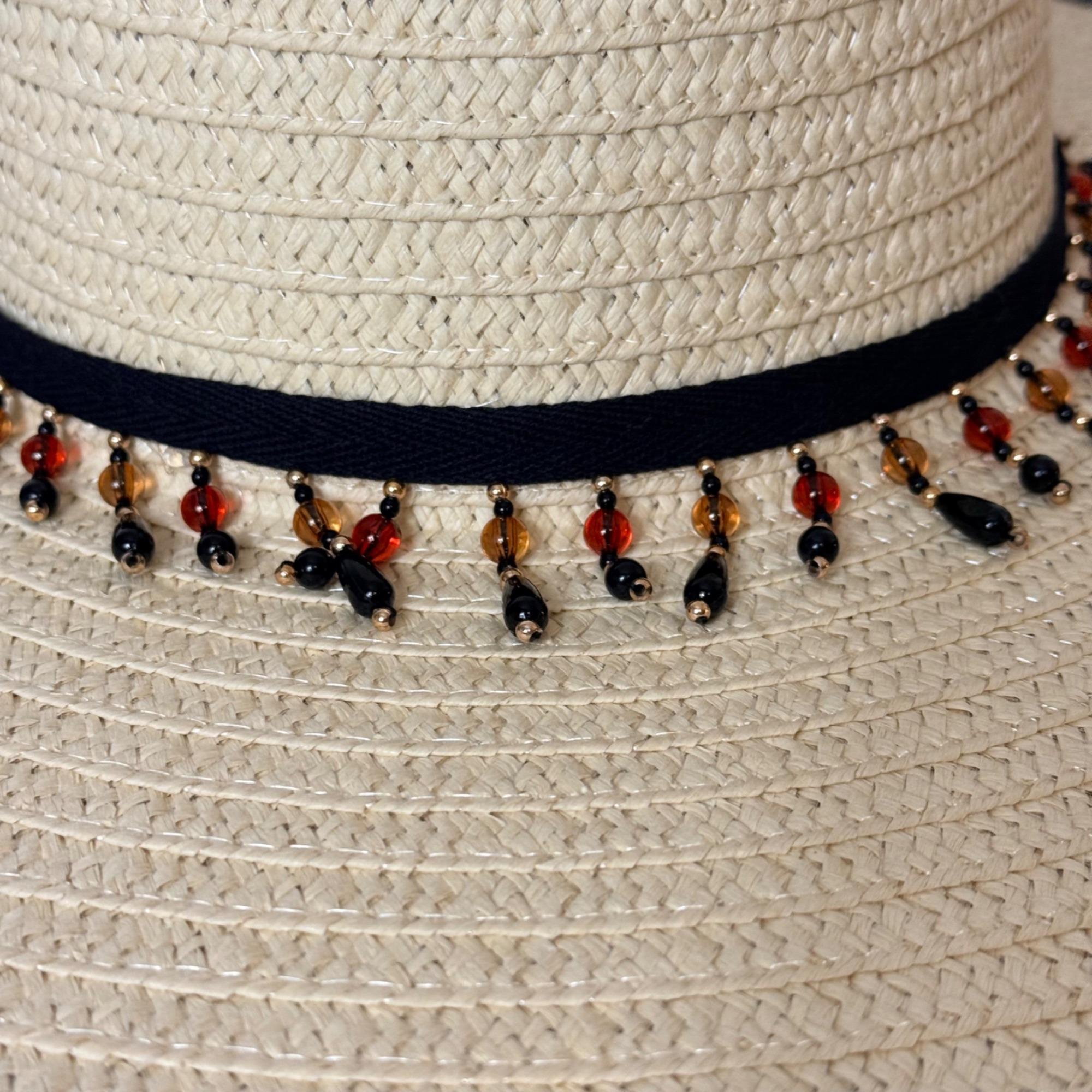 Wide Brim Straw Sun Hat, Floppy Black Fringe Trim Teardrop  display picture 2