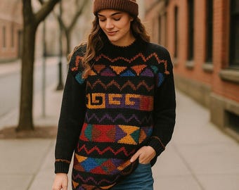 Vintage Spice of Life Chunky Knit Sweater, Black With Colorful