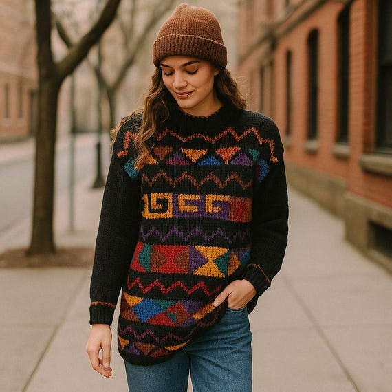 Vintage Spice of Life Chunky Knit Sweater, Black With Colorful
