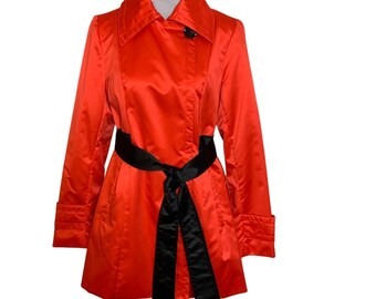 ABS Silver Label Glam Red Sheen Trench Coat Size S Black Belt