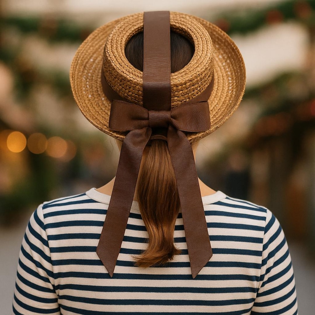Natural Straw Boater Hat Open Crown VTG 1940s Brown Ribbon  display picture 1