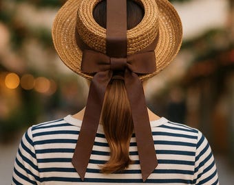 Natural Straw Boater Hat Open Crown VTG 1940s Brown Ribbon  display picture 1