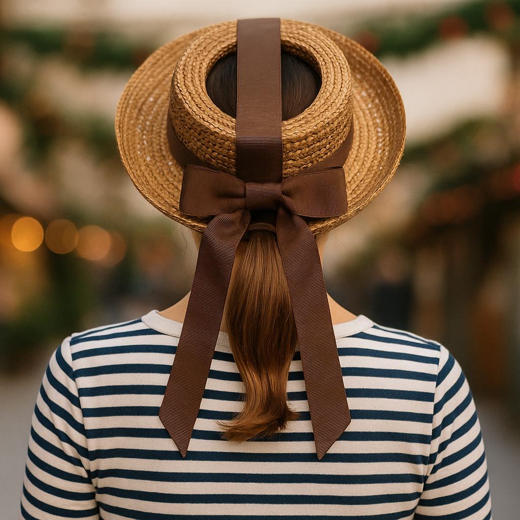 Natural Straw Boater Hat Open Crown VTG 1940s Brown Ribbon  display picture 2