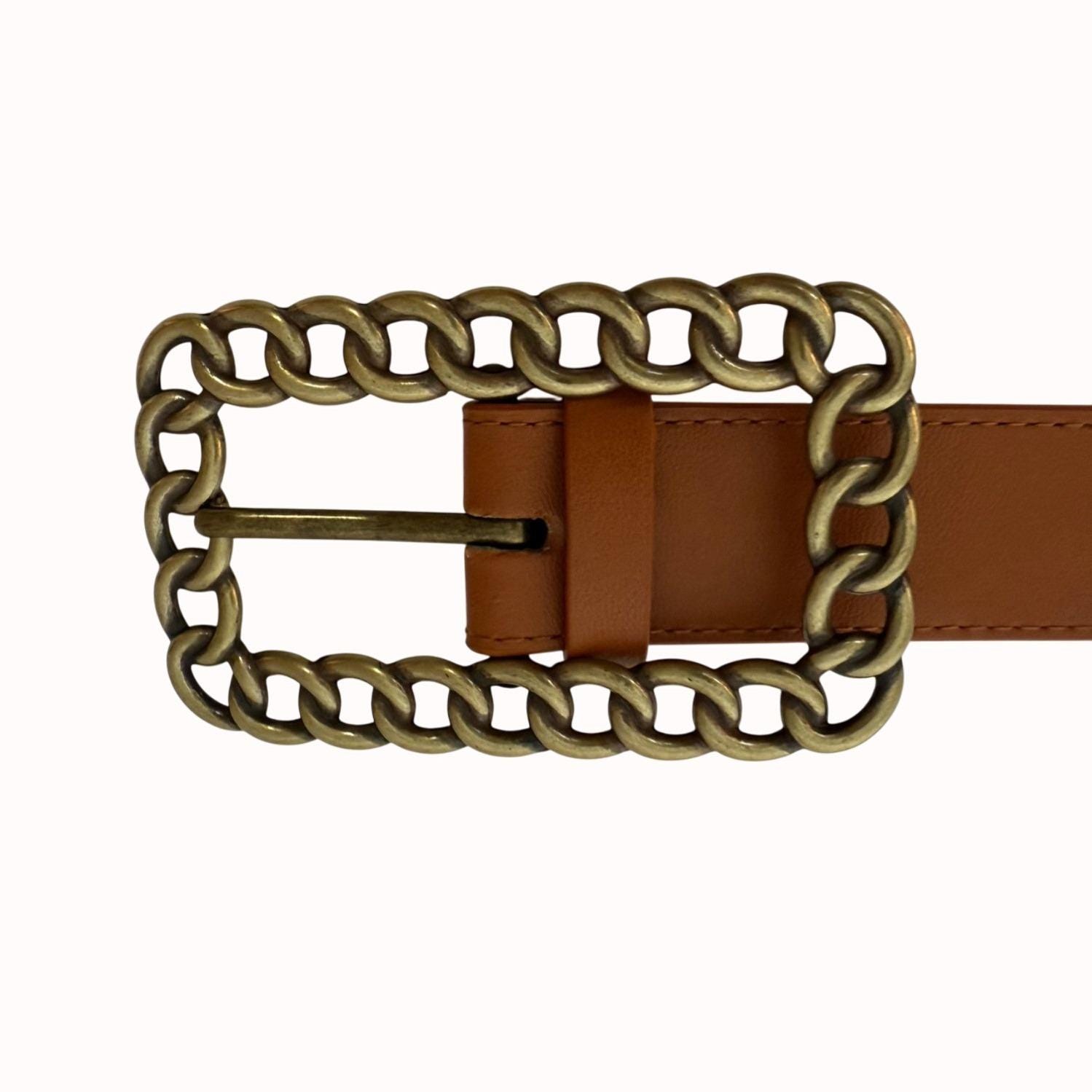 Lodis Brown Leather Belt With Chain Detail Buckle, Genuine 