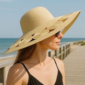 Kate Landry Women’s Hat One Size Fits Most Tan Straw Sun Wide Brim Beach Hat ? Kate Landry Wide Brim Straw Floppy Summer Hat Tan Packable  main image 3