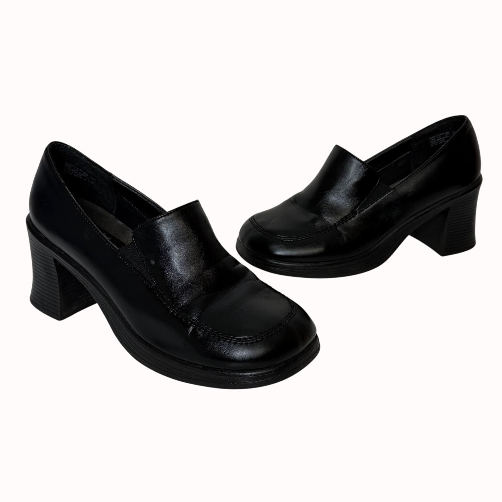Vintage 90s Chunky Heel Loafers: Route 66 Black Platform Shoes