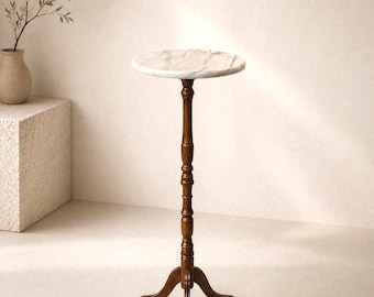 Vintage Marble Top Pedestal Table, MCM Wood Tripod Base Stand Alone Accent, Cottagecore Plant Accessory, Entryway Fixture, Small Space Decor