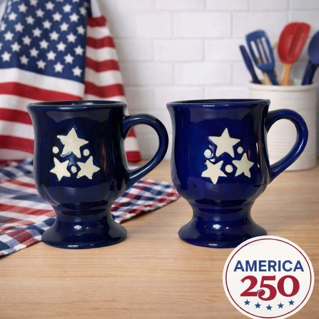 Vintage Hermitage Pottery Cobalt Blue Glaze Footed Country Mugs