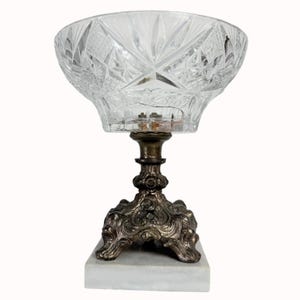Hollywood Regency Crystal Decorative Bowl Starburst Ornate Brass Base Marble Stand Vintage Home Accent Decor 1970s Table Centerpiece