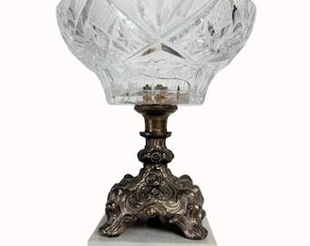 Hollywood Regency Crystal Bowl: Starburst Brass Base, Marble Stand Centerpiece