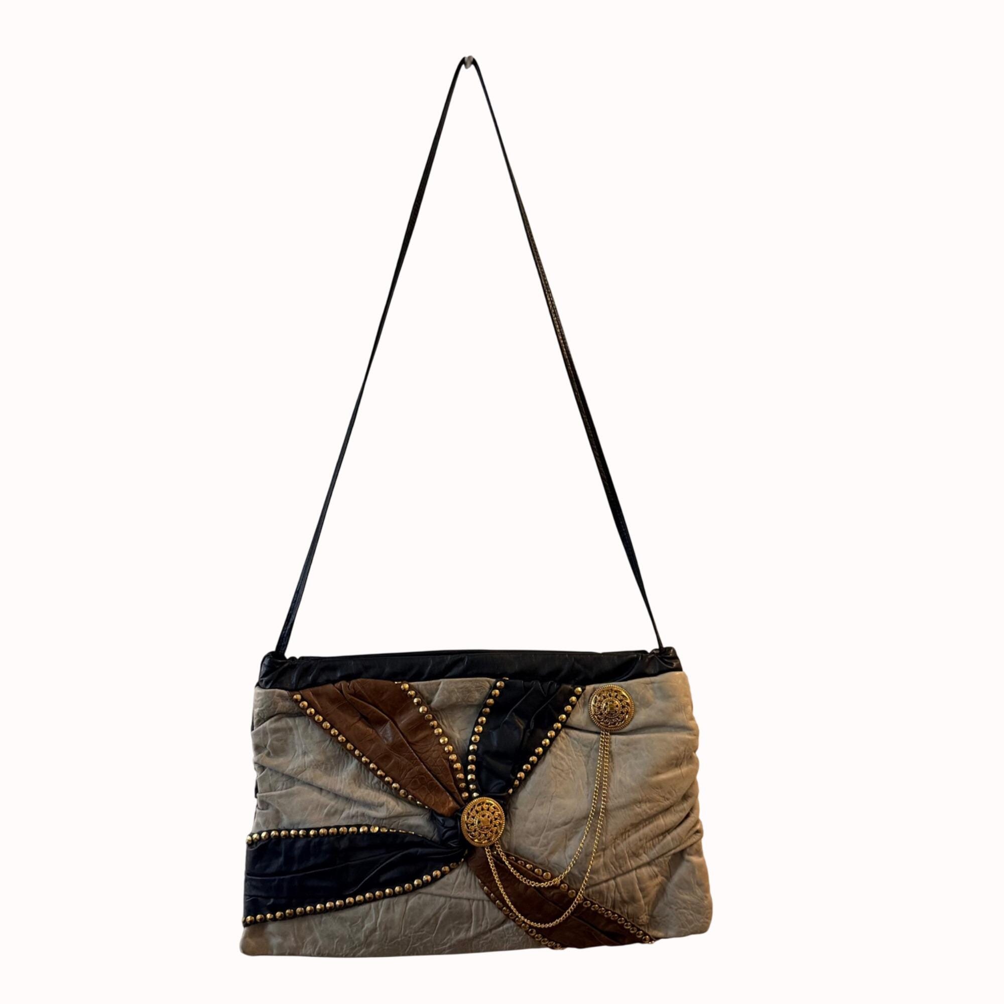 Vintage 80s Patchwork Leather Shoulder Bag, ZA-ZU Inc Studded