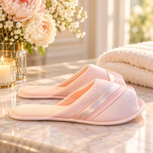 May include: A pair of light pink open-toe slippers featuring a soft, matte fabric upper accented with two diagonal satin bands across the top. The slippers have a flat, cushioned footbed and a simple, slip-on design with a rounded toe shape.