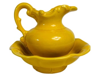 McCoy Grapevine Pitcher Bowl Pottery Yellow Sunshine Vase Planter VTG Home Decor Farmhouse Made in USA