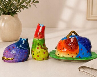 Vintage Folk Art Joy Cats Kitchen Set, Colorful Cat Decor, Whimsical Salt Pepper Set, Kitsch Kitten Butter Dish, Dopamine Decor Kitchen