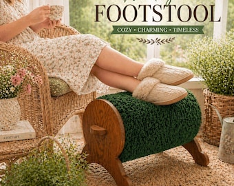 Taburete de madera vintage, otomana tapizada con alfombra verde de pelo largo de los años 60, reposapiés rústico de granja. Taburete decorativo retro estilo cottagecore.