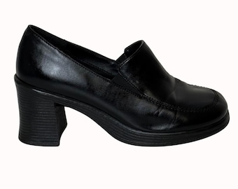 Mocassini vintage anni '90 con tacco grosso: scarpe con plateau nere Route 66, taglia 8,5