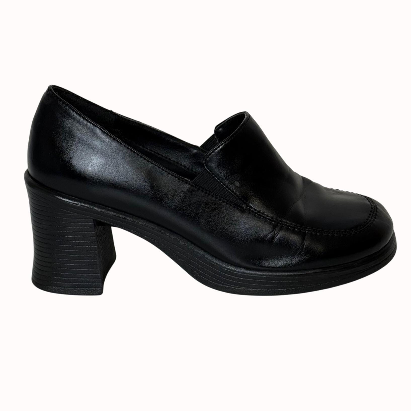 Vintage 90s Chunky Heel Loafers: Route 66 Black Platform Shoes