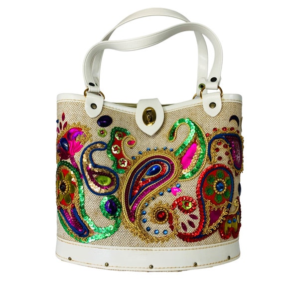 Vintage Womens Sequined Paisley Picnic Bucket Pur… - image 1