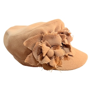 Scala Pronto Newsboy Cap Tan Corduroy Frayed Floral Accent Cabbie Style Hat For Women Elastic Back Black Satin Boho Hat Lining Made in Italy