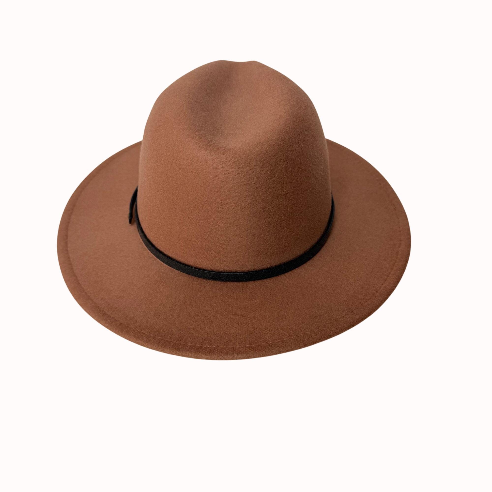 Tan Wide Brim Fedora Hat With Black Faux Leather Band 