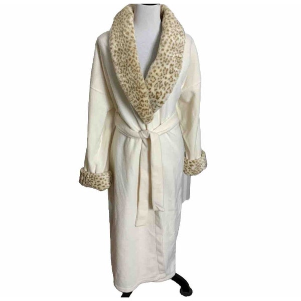 Stan Herman Cream Fleece Robe Maxi Sz L House Coat Leopard Print Trim VTG 90s