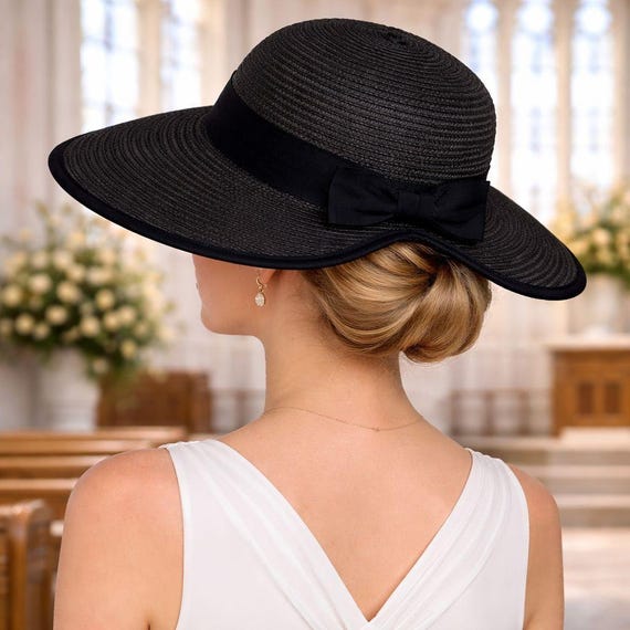 Vintage ADORA Black Straw Sun Hat, Sophisticated Wide Brim  display picture 1