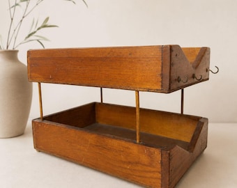 Vintage Wooden Desk Organizer, Rustic Two Tier Storage Caddy, Farmhouse Mail Holder, Primitive Wood Box With Hooks, Kitchen Counter Decor