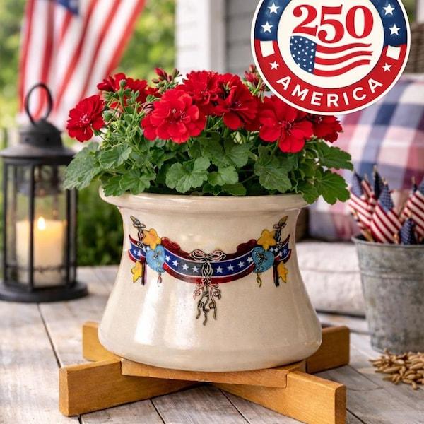 Home & Garden Party Patriotic Stoneware Crock or Planter, Vintage Made in USA Americana Decor