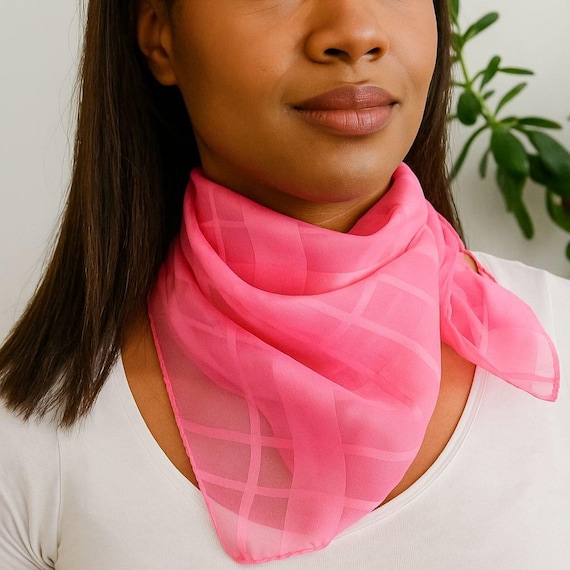 Vintage Pink Italian Sheer Plaid Scarf, Womens Rolled Hem Neck