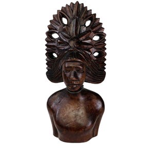 Wooden Indigenous Woman Bust Sculpture Home Decor Native Vintage Hand Carved Wood Head Dress Native Island Tribal Wood Carving Home Decor